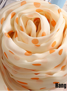 橙色波点圆点真丝丝巾100%桑蚕丝围巾长款女春秋冬夏季百搭披肩