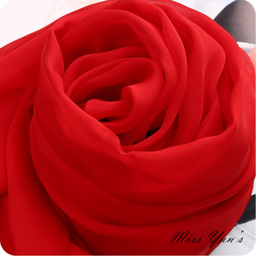 中国红红色100%桑蚕丝真丝围巾女