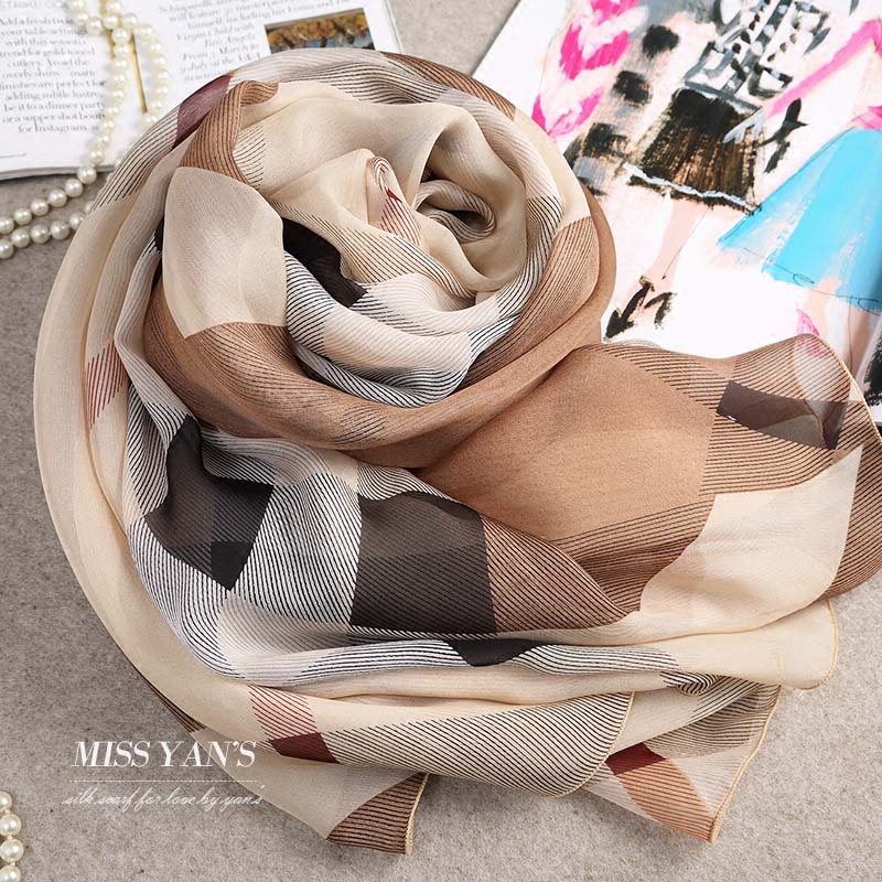 咖啡格子真丝丝巾100%桑蚕丝围巾长款女春秋冬夏季百搭披肩薄纱巾