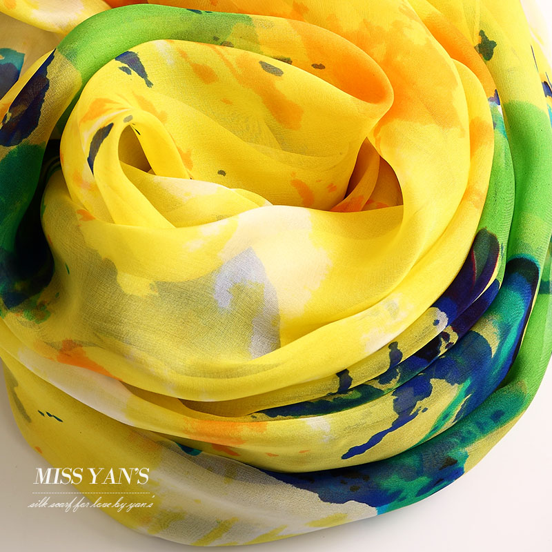 黄色印花真丝丝巾100%桑蚕丝围巾长款女春秋冬夏季百搭披肩薄纱巾