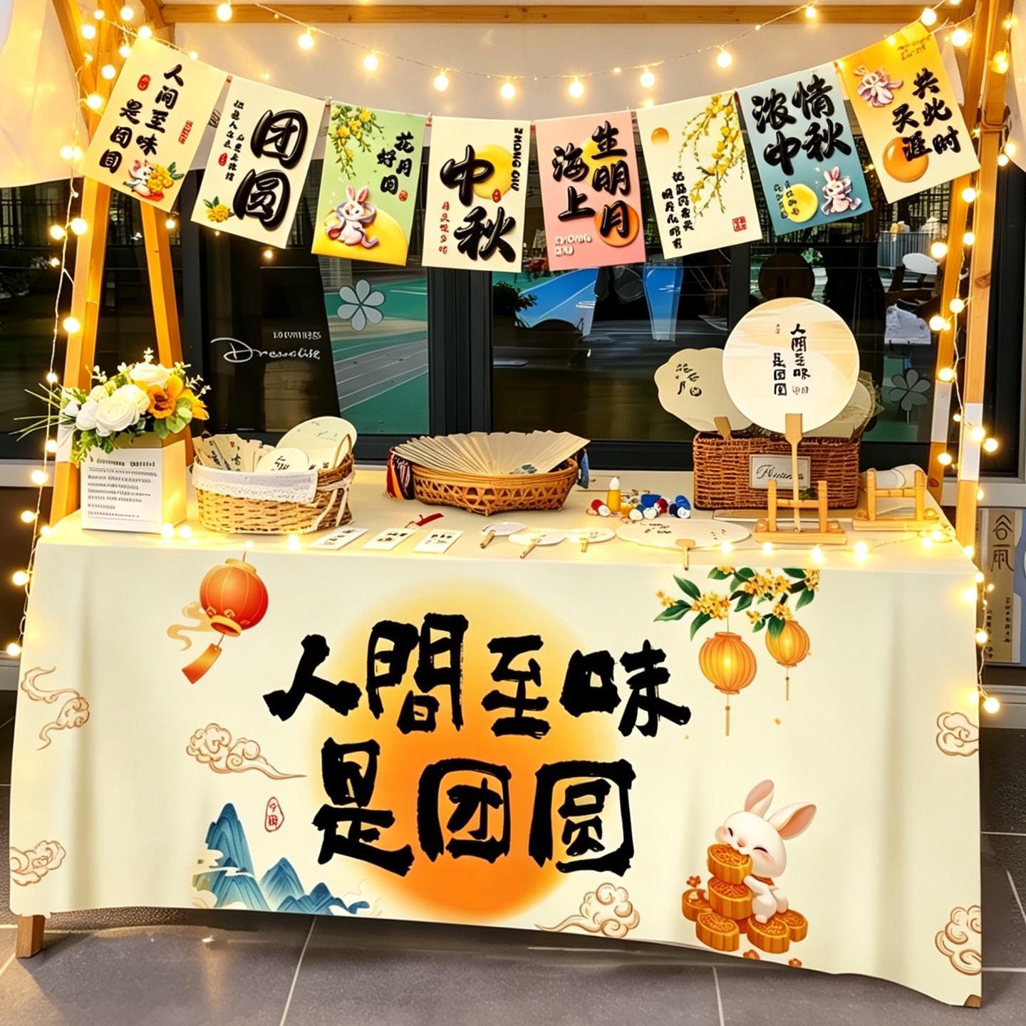 中秋节户外摆摊义卖氛围布置桌布挂布店铺幼儿园中秋活动创意装饰