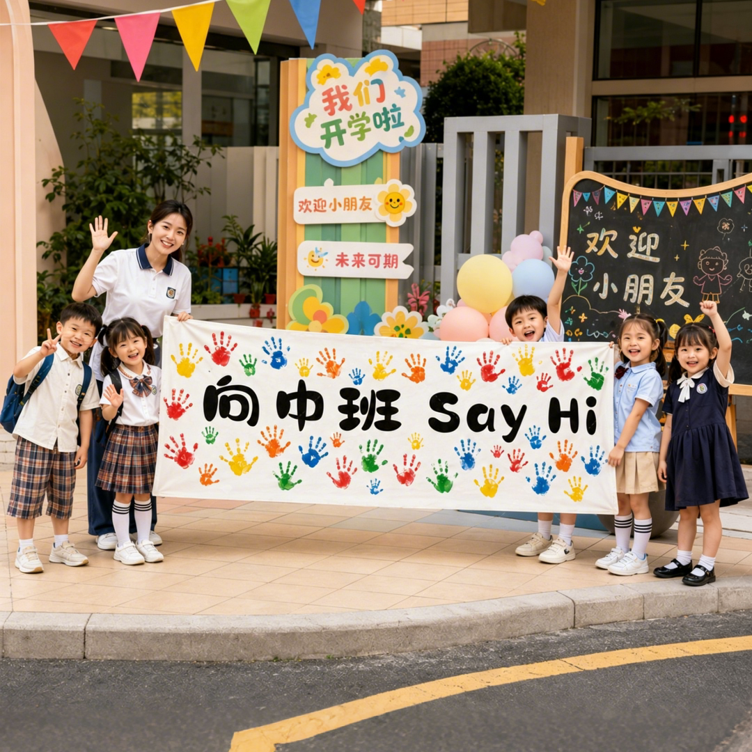 幼儿园开学升班手印签到挂布横幅图片