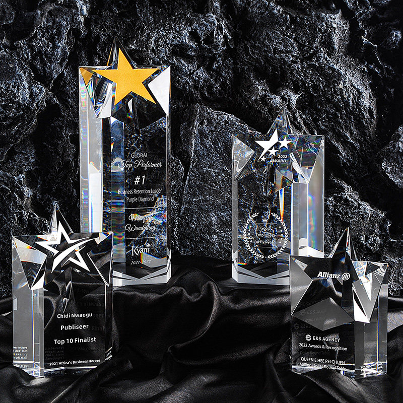 东南水晶立体五角星简约时尚造型奖杯企业团队颁奖纪念礼品直销