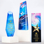 东南水晶彩色背景彩印系列奖杯免费刻字年会颁奖礼品个性 定制HOT