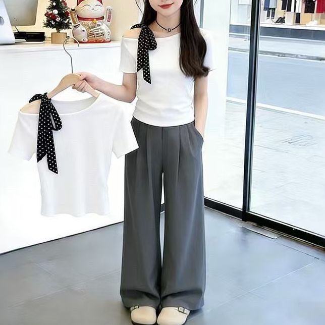 2026新款女童洋气斜肩绑带短袖T恤夏季中大童时髦韩版半袖上衣潮