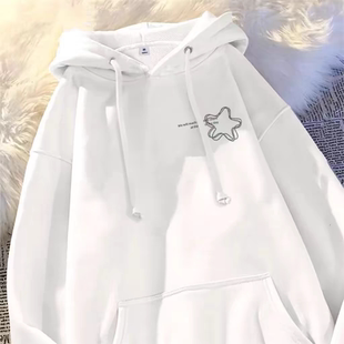 纯棉秋冬女童星星印花连帽卫衣新款中大童学院风简约百搭加绒帽衫