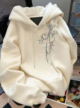 童装中国风墨竹印花中大童连帽卫衣overseas宽松小众设计加绒外套