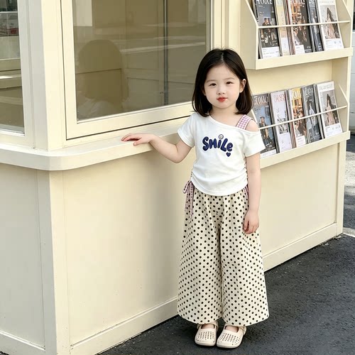 夏季女童洋气字母印花斜肩短袖套装中大童潮流时尚波点裤两件套夏