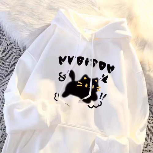 新款冬季连帽童装卫衣女上衣韩系学院风加绒宽松百搭猫咪印花外套