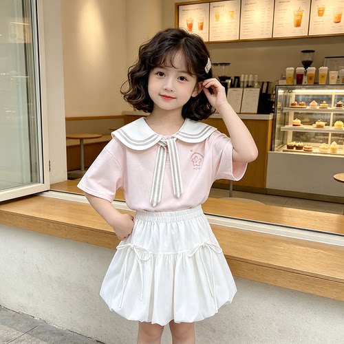 2026夏季女童韩版学院风短袖套装中大童时髦甜美白色短裙两件套潮