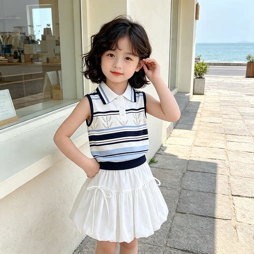 女童洋气翻领撞色无袖套装新款夏季中大童蝴蝶结花苞裙两件套夏装