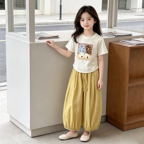 女大童夏装短袖套装2026新款小女孩洋气印花T恤阔腿裤两件套潮款