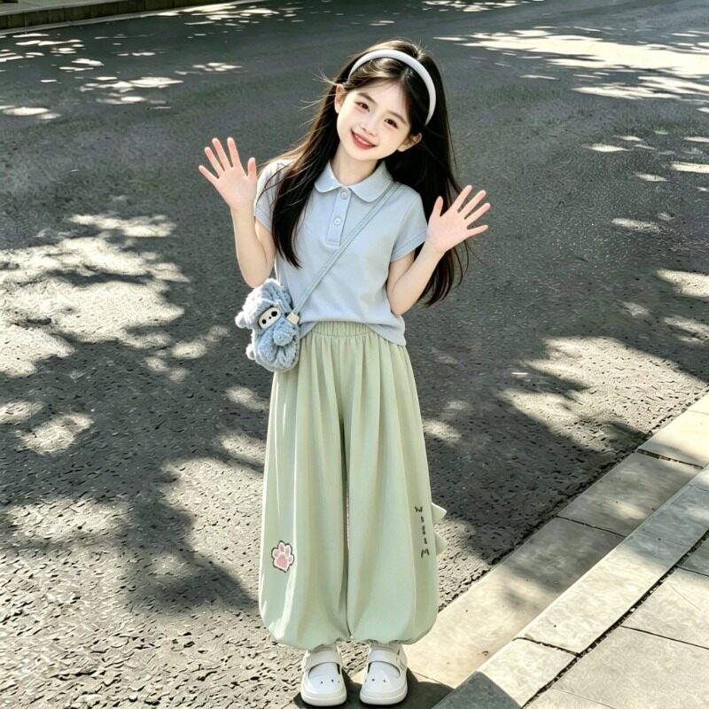 女童时尚Polo短袖套装夏季薄款灯笼裤中大童潮流宽松裤子两件套夏