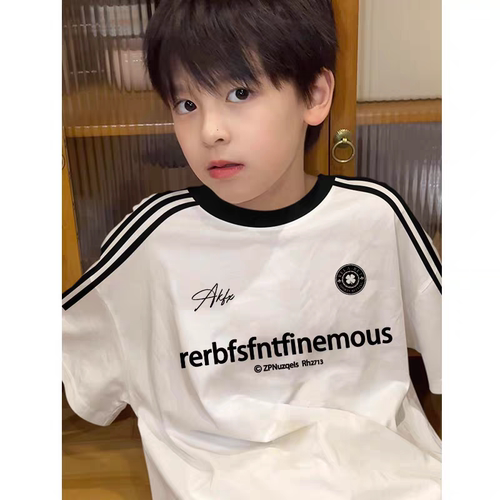 潮流帅气男童短袖T恤夏季新款字母印花纯棉儿童半袖三条杠上衣服