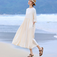 2025春夏新款棉麻木耳边腰线花边抽褶圆领中袖休闲连衣裙女休闲连