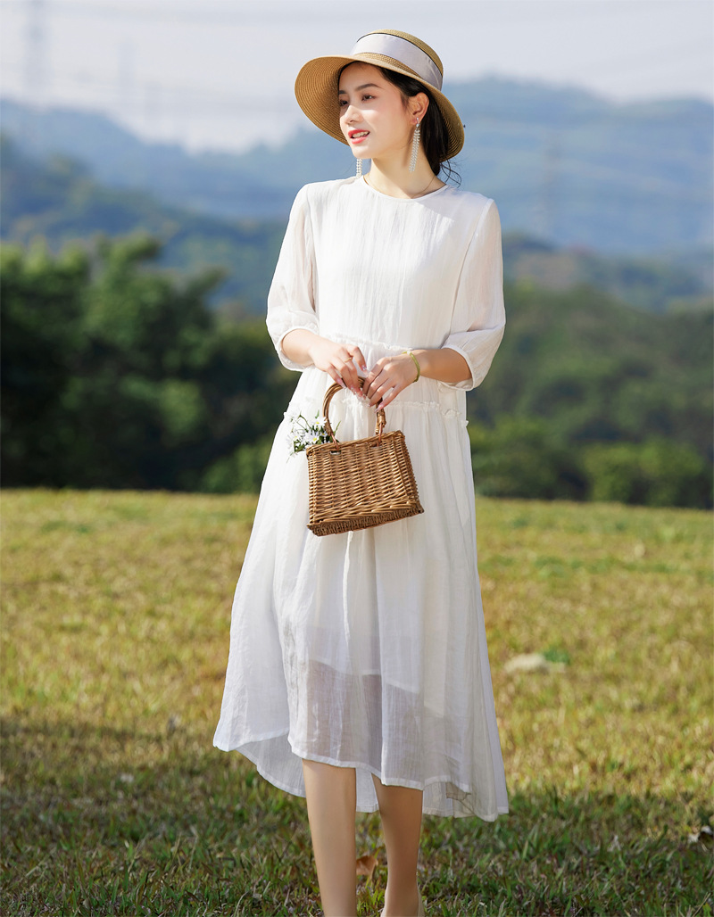 高级感白色苎麻连衣裙夏季薄款文艺宽松孕妇遮肚显瘦大摆飘逸棉麻