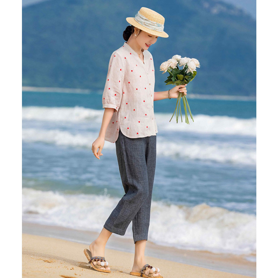 时尚高端亚麻套头提花上衣衬衫牛仔长裤萝卜裤时尚女装2022年春夏