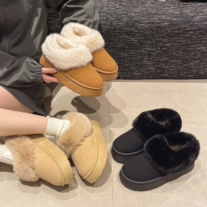 厚底毛毛拖鞋女2024冬季新款加绒加厚一脚蹬低帮孕妇保暖面包棉鞋