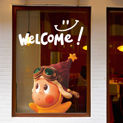 星星人玻璃静电贴纸Welcome咖啡店奶茶店装饰橱窗场景UV静电贴