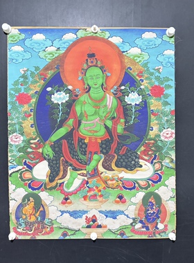 绿度母西藏佛像画像尼泊尔手工矿物颜料牛皮纸装饰画绿条幅