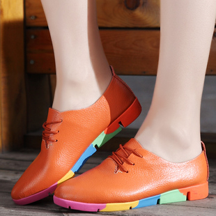 小白鞋女系带尖头真皮休闲运动平底板鞋白鞋学生鞋轻便鞋妈妈单鞋