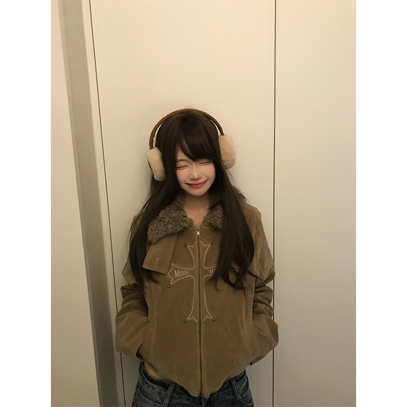 JMJ 美式复古钉珠十字架毛领夹克外套男女秋季宽松休闲百搭上衣