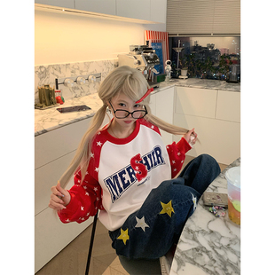 JMJ 美式复古字母印花插肩袖圆领套头卫衣男女春秋宽松百搭上衣