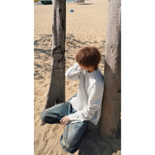 宽松休闲百搭打底衫 JMJ T恤男女夏季 松弛慵懒风条纹圆领长袖 美式