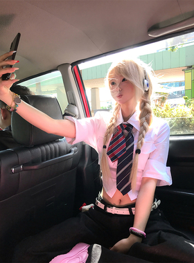 JMJ 美式简约学院风半袖翻领衬衫女辣妹春夏潮流百搭短款衬衣