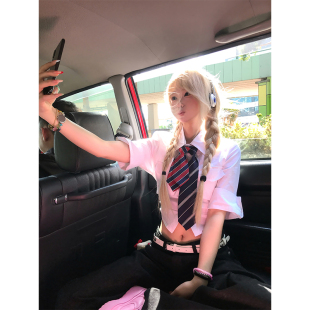 女辣妹春夏潮流百搭短款 JMJ 翻领衬衫 简约学院风半袖 衬衣 美式