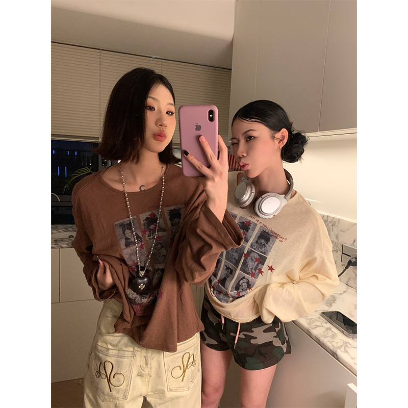 JMJ 2025春夏季美式创意人像印花长袖T恤情侣宽松休闲打底衫上衣