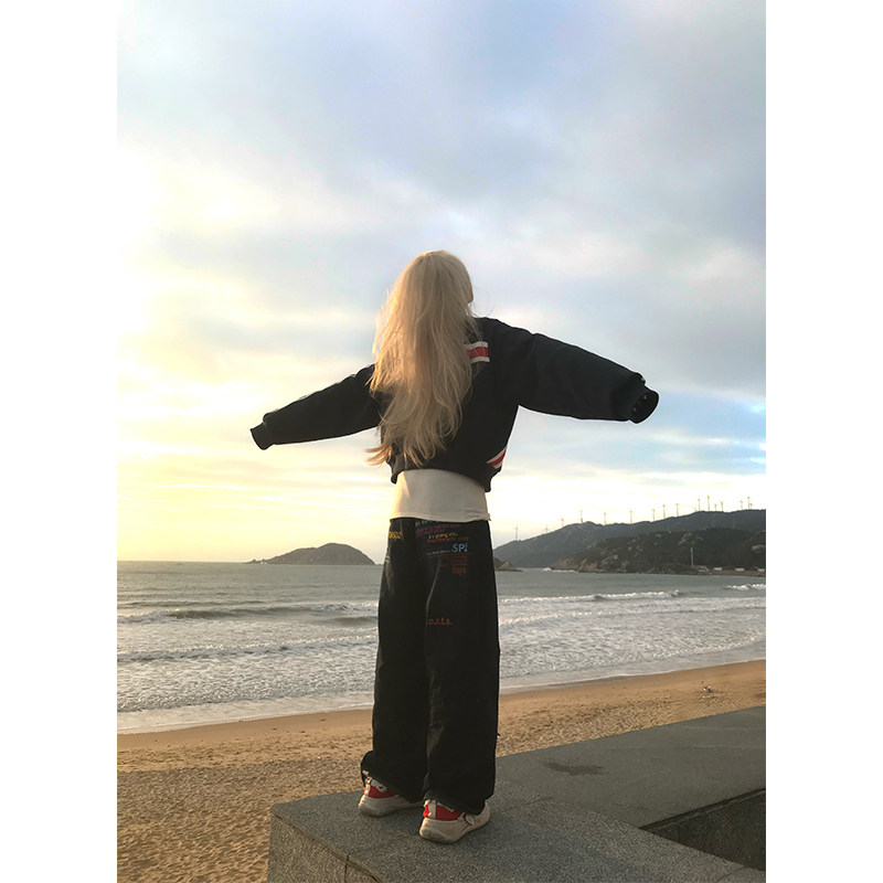 JMJ 美式设计感彩色字母印花阔腿牛仔裤男女宽松百搭直筒长裤