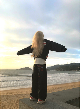 JMJ 美式设计感彩色字母印花阔腿牛仔裤男女宽松百搭直筒长裤