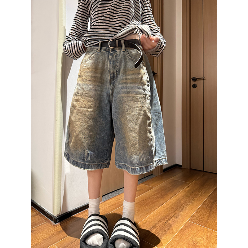 JMJ美式复古水洗做旧牛仔五分裤男女夏宽松休闲直筒阔腿百搭短裤