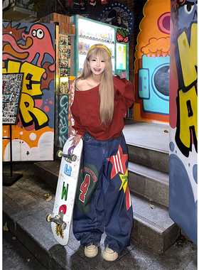 JMJ 美式星星数字贴布印花牛仔裤男女宽松休闲直筒阔腿百搭长裤