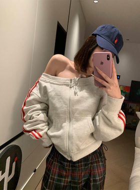 JMJ 2025美式一字领露肩长袖卫衣女辣妹休闲修身运动显瘦软糯上衣