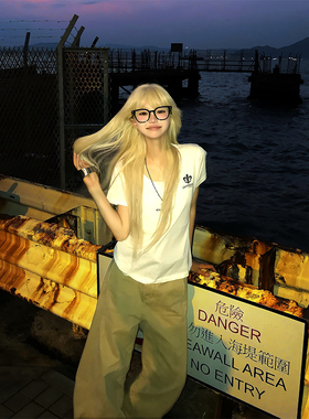 JMJ 美式复古V领哥特字母印花短袖T恤夏季宽松休闲百搭打底衫上衣