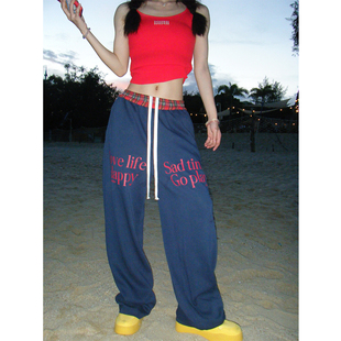 男女宽松休闲阔腿长裤 复古腰头撞色格子抽绳直筒裤 2024美式 JMJ