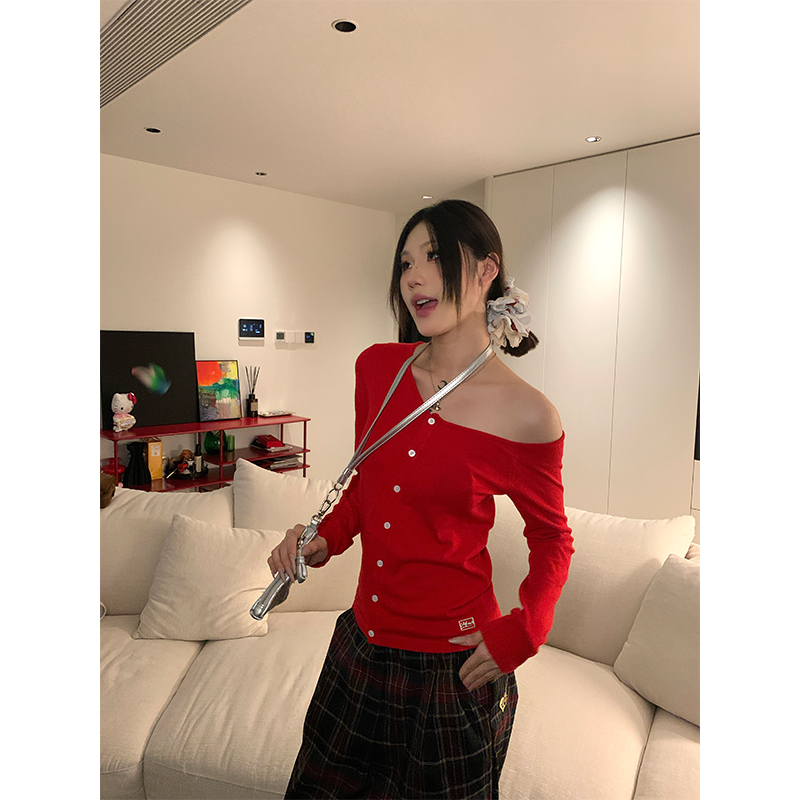 JMJ 2024美式斜肩辣妹长袖针织短款开衫上衣女辣妹修身显瘦打底衫