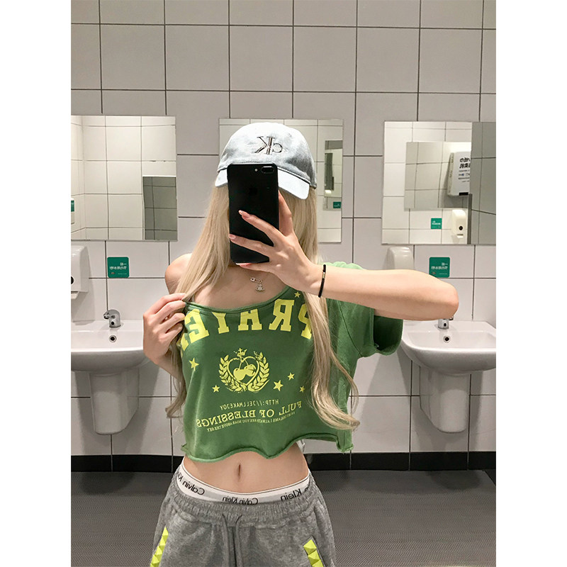 JMJ美式设计感字母印花卷边斜肩短袖T恤女辣妹夏季显瘦百搭短上衣