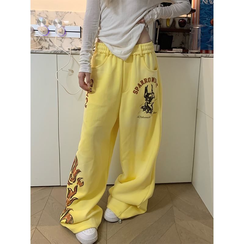 JMJ 美式复古火焰印花阔腿卫裤男女简约宽松休闲百搭直筒长裤