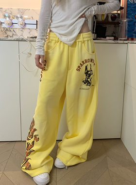 JMJ 美式复古火焰印花阔腿卫裤男女简约宽松休闲百搭直筒长裤