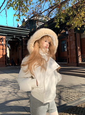 JMJ 美式复古简约毛领连帽棉衣男女秋冬休闲高级感百搭保暖外套