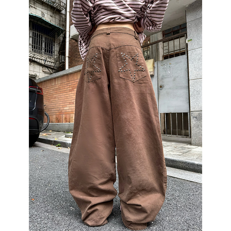 JMJ 美式设计感星星铆钉阔腿休闲裤男女宽松休闲百搭直筒拖地长裤