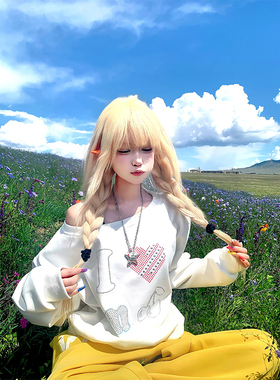 JMJ 美式复古爱心字母烫钻斜肩长袖卫衣秋季女宽松休闲百搭卫衣