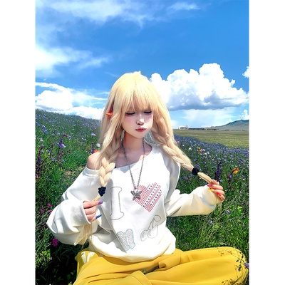 JMJ 美式复古爱心字母烫钻斜肩长袖卫衣秋季女宽松休闲百搭卫衣