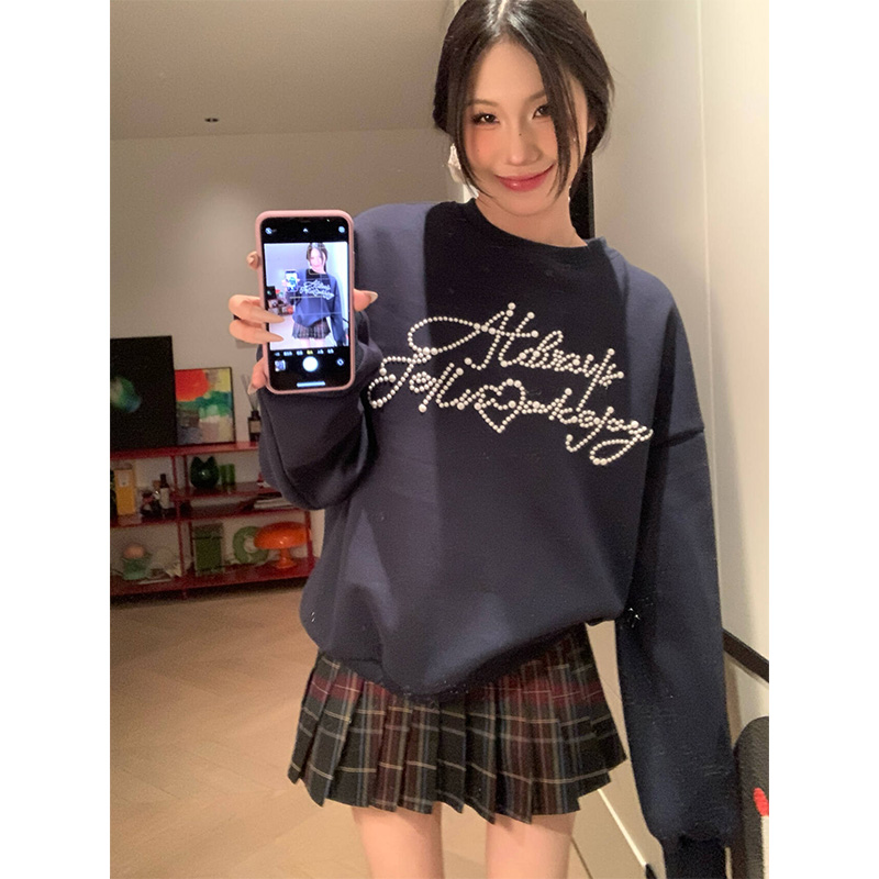 JMJ 2024美式设计感钉珠长袖卫衣情侣慵懒风宽松套头打底上衣