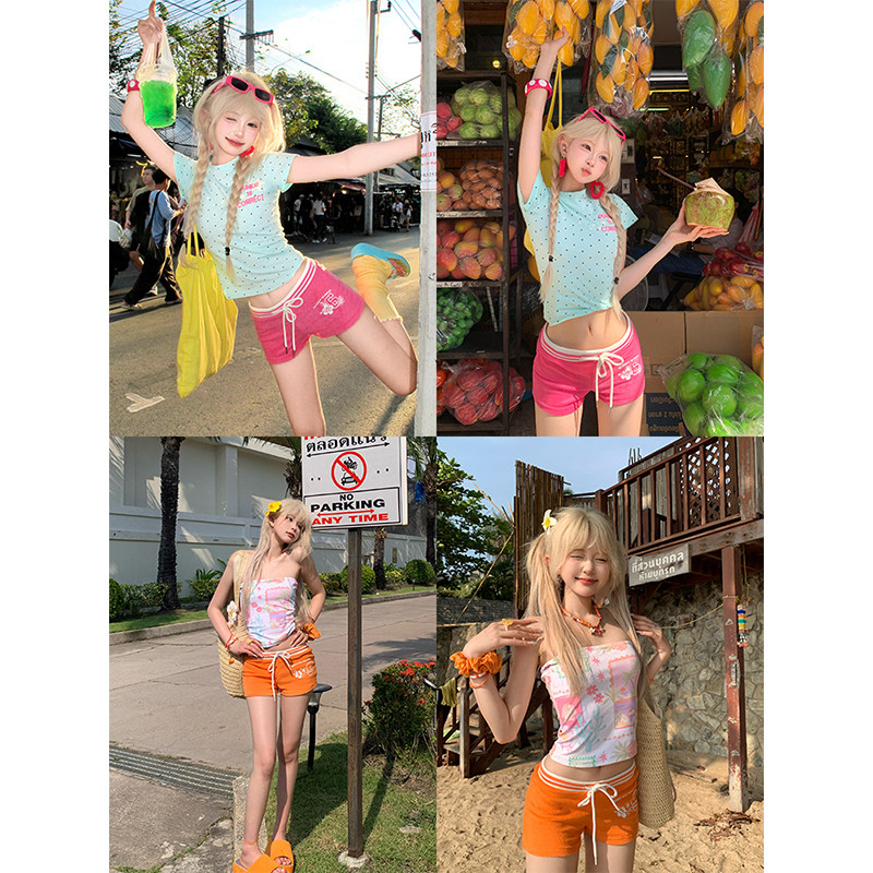 JMJ 美式简约基础款直筒抽绳三分裤女辣妹夏季运动休闲百搭短裤