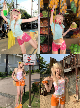 JMJ 美式简约基础款直筒抽绳三分裤女辣妹夏季运动休闲百搭短裤