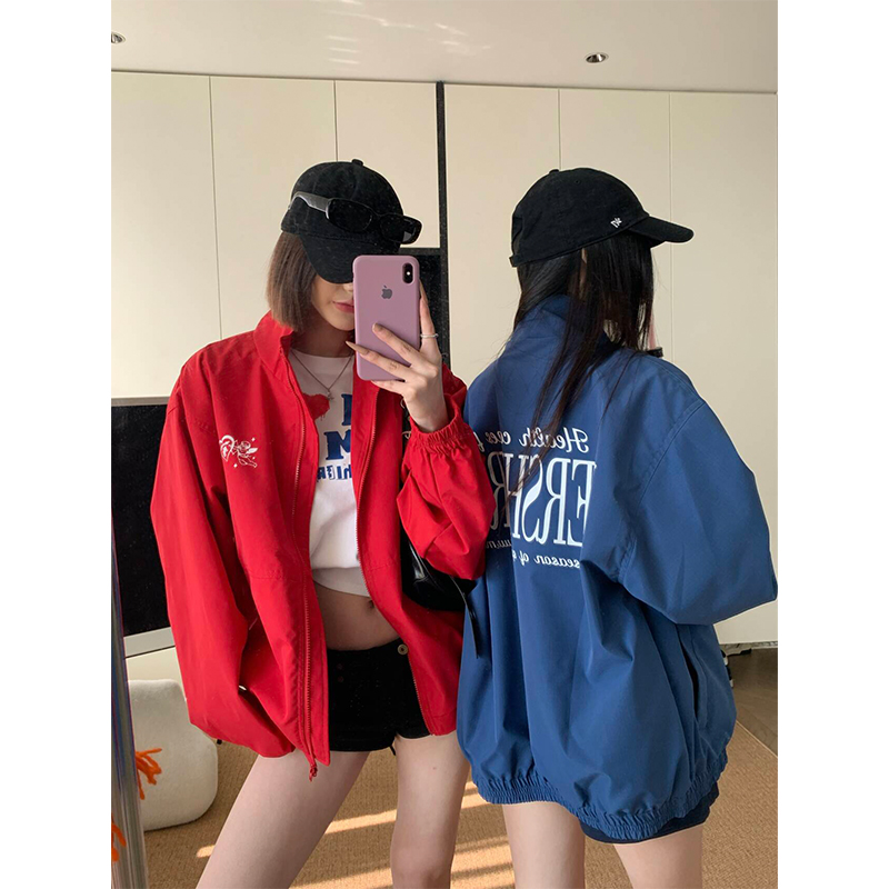 JMJ 2025春季美式字母印花立领工装外套男女宽松ins百搭休闲夹克